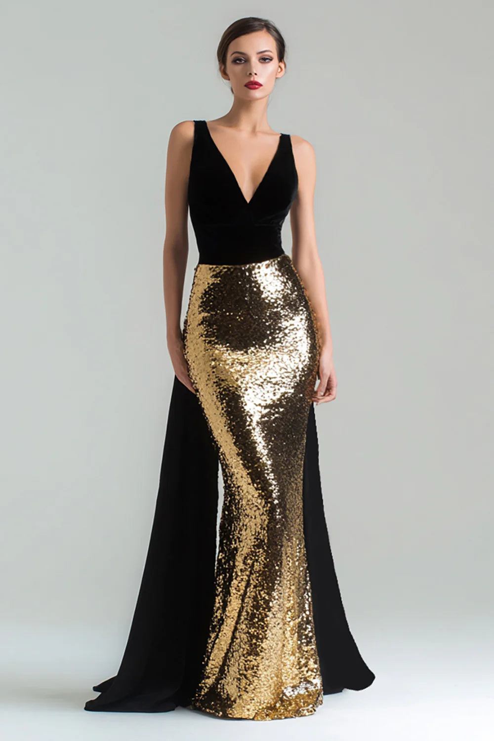 Sparkly Gold and Black V-Neck Mermaid Long Holiday Party Dress with Cape