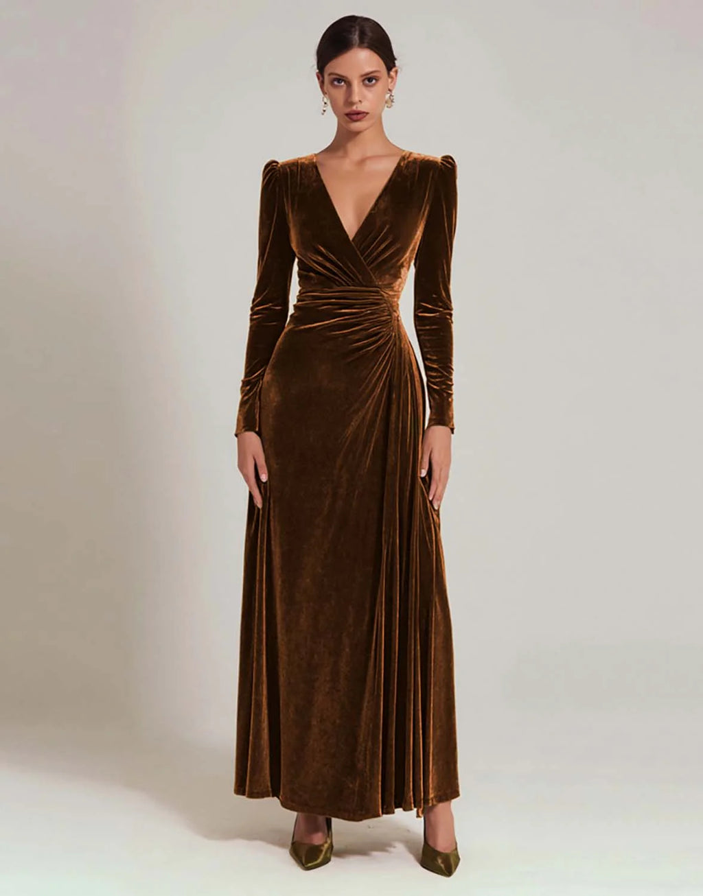Olive Velvet A Line V-Neck Long Holiday Party Dress with Sleeves