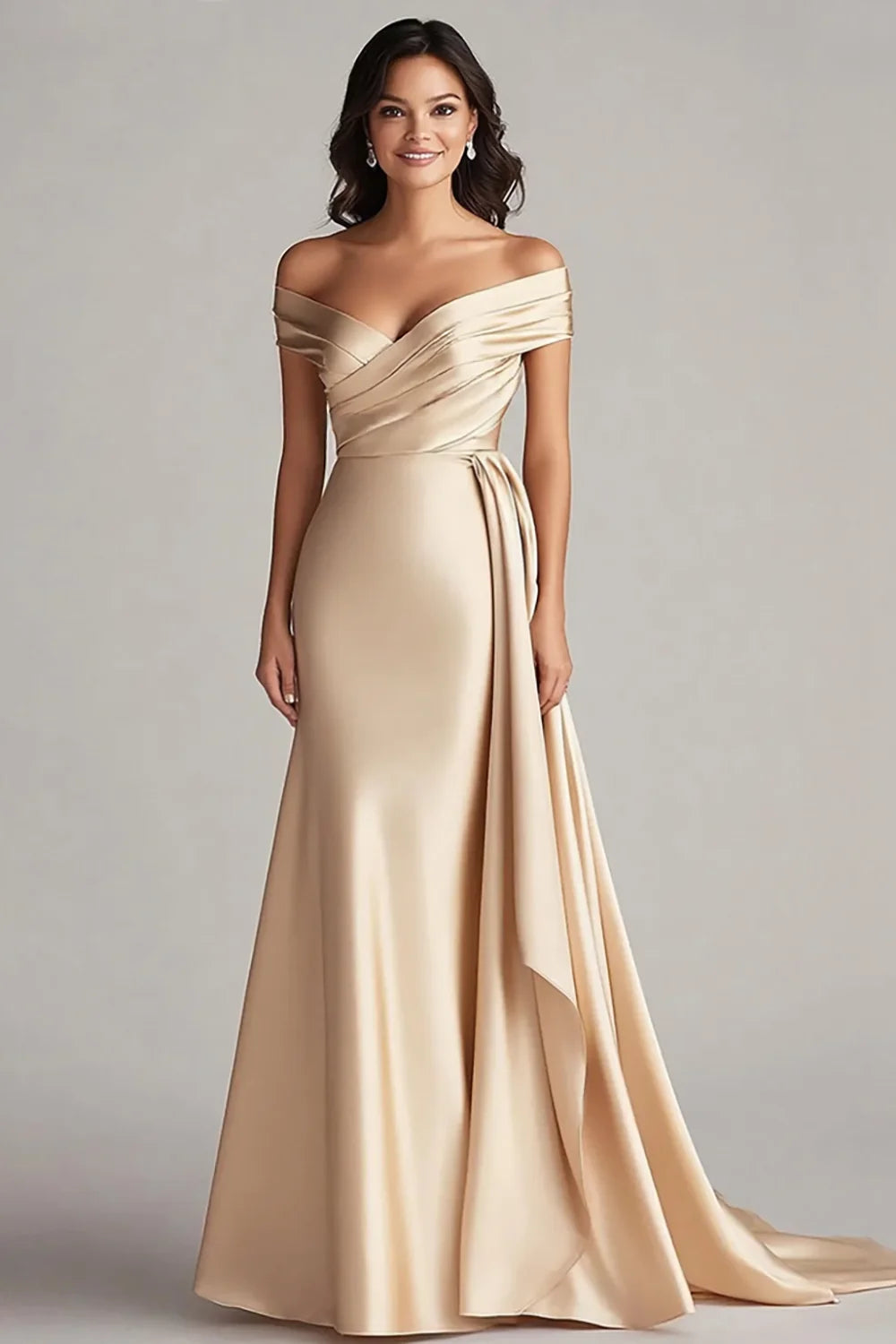 Champagne Satin Off the Shoulder Mermaid Long Formal Dress