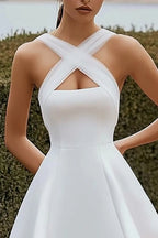 A Line White Satin Crossed Straps Short Graduation Dress