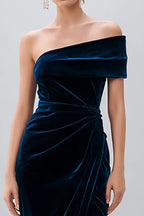 Navy Velvet Sheath Midi Holiday Party Dress with Slit