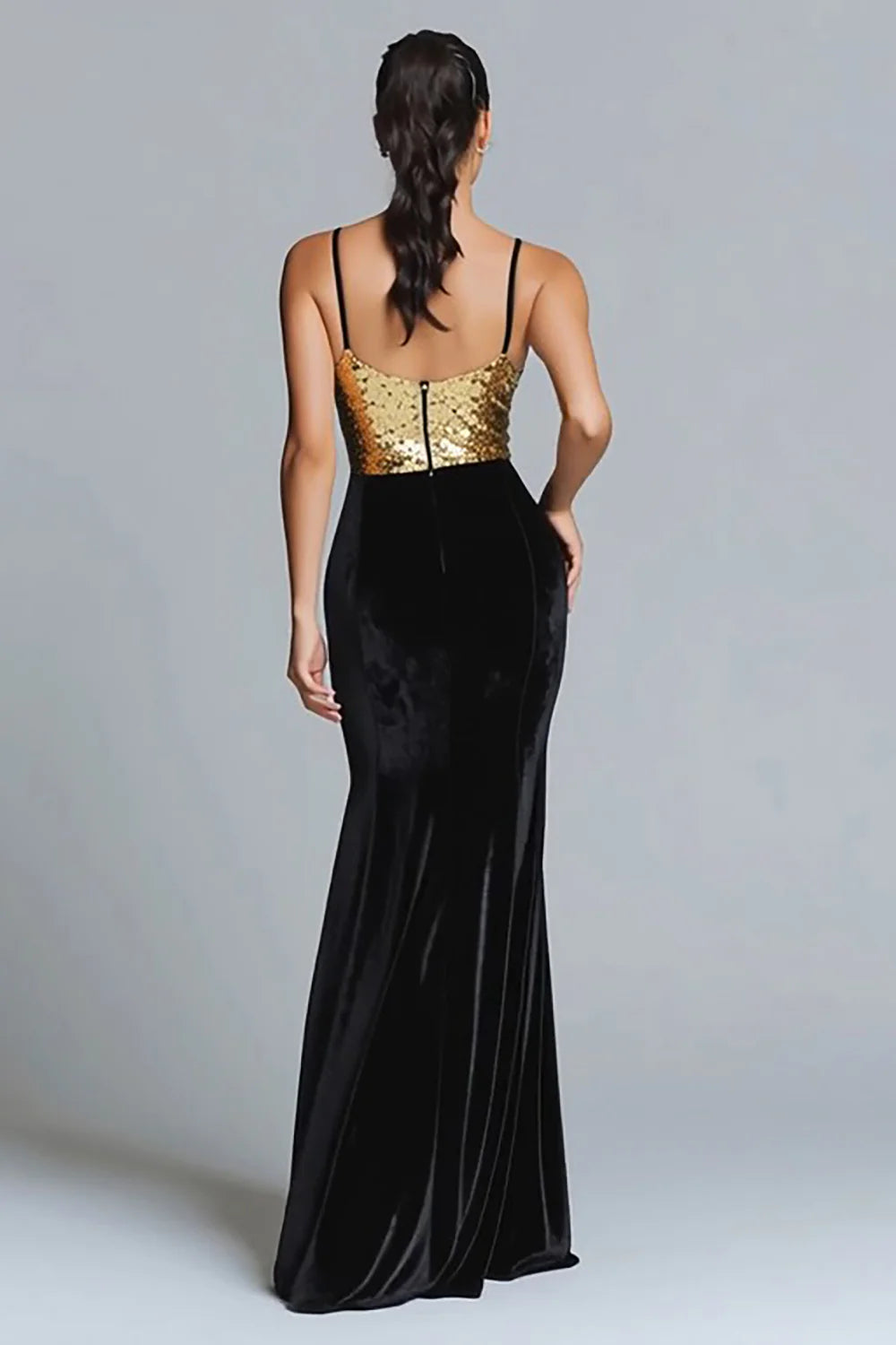 Sparkly Gold and Black Mermaid Velvet Long Holiday Party Dress with Sequins