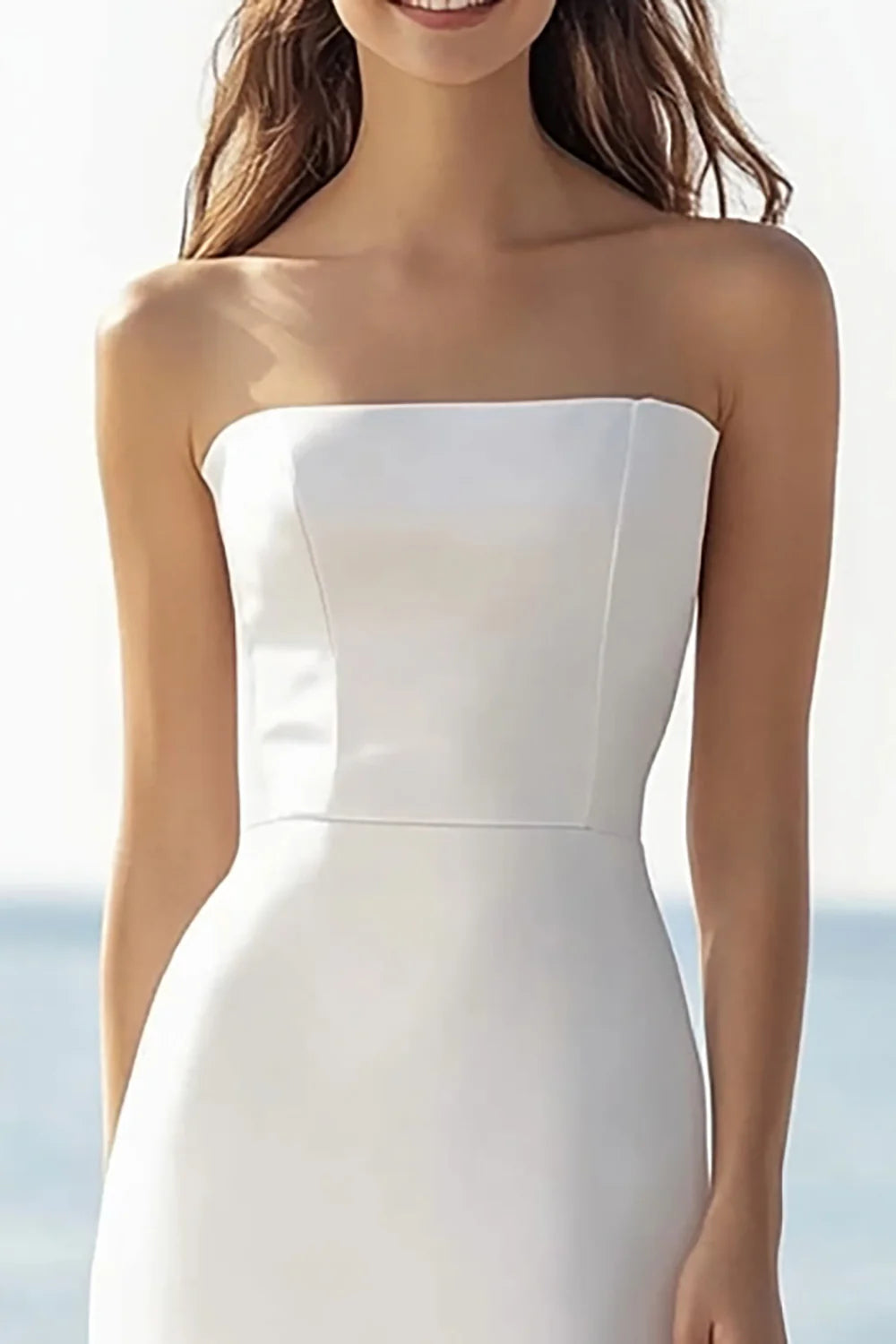 Simple Satin Strapless Ivory Maxi Rehearsal Dinner Dress