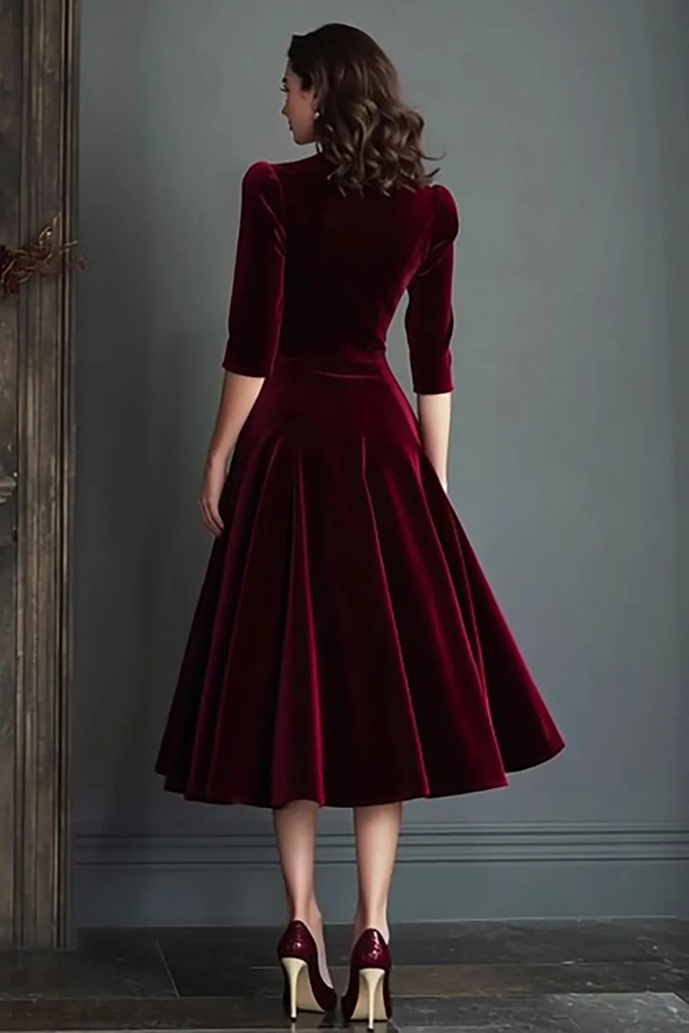 Burgundy V-Neck A Line Midi Velvet Holiday Party Dress