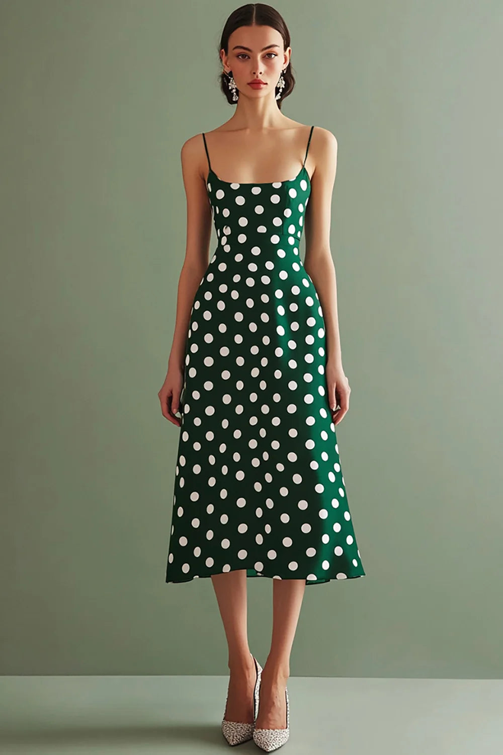 Green and White Chiffon Spaghetti Straps A Line Boho Midi Polka Dot Dress