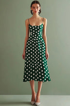 Green and White Chiffon Spaghetti Straps A Line Boho Midi Polka Dot Dress