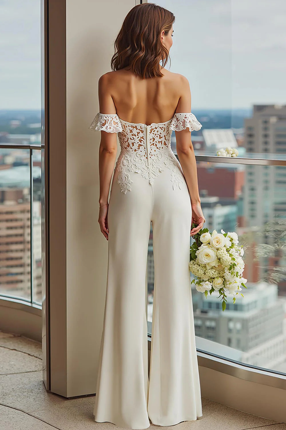 White Lace Off the Shoulder Bridal Jumpsuits