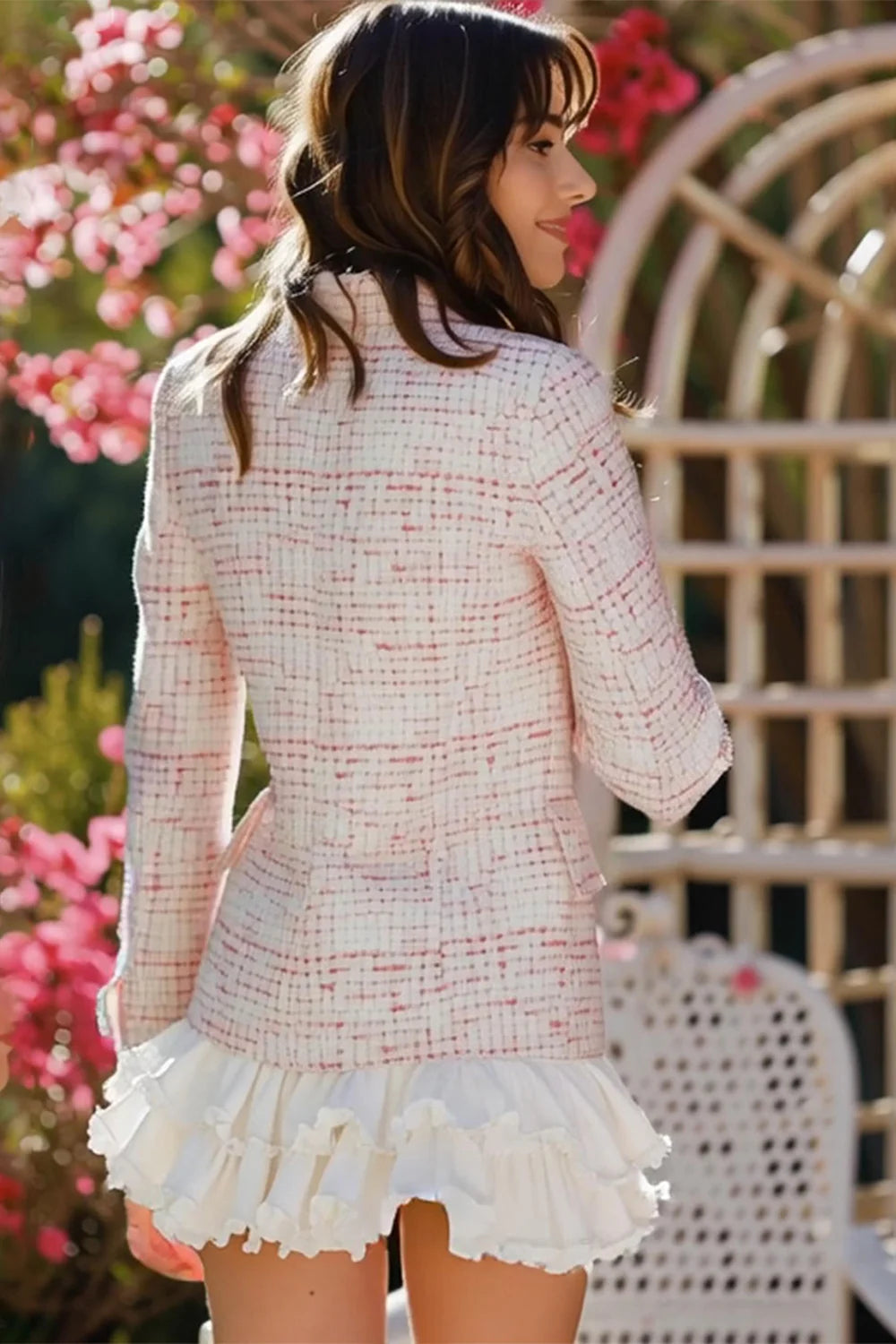Light Pink Plaid 2 Piece Tweed Notched Lapel Ruffled Homecoming Outfits