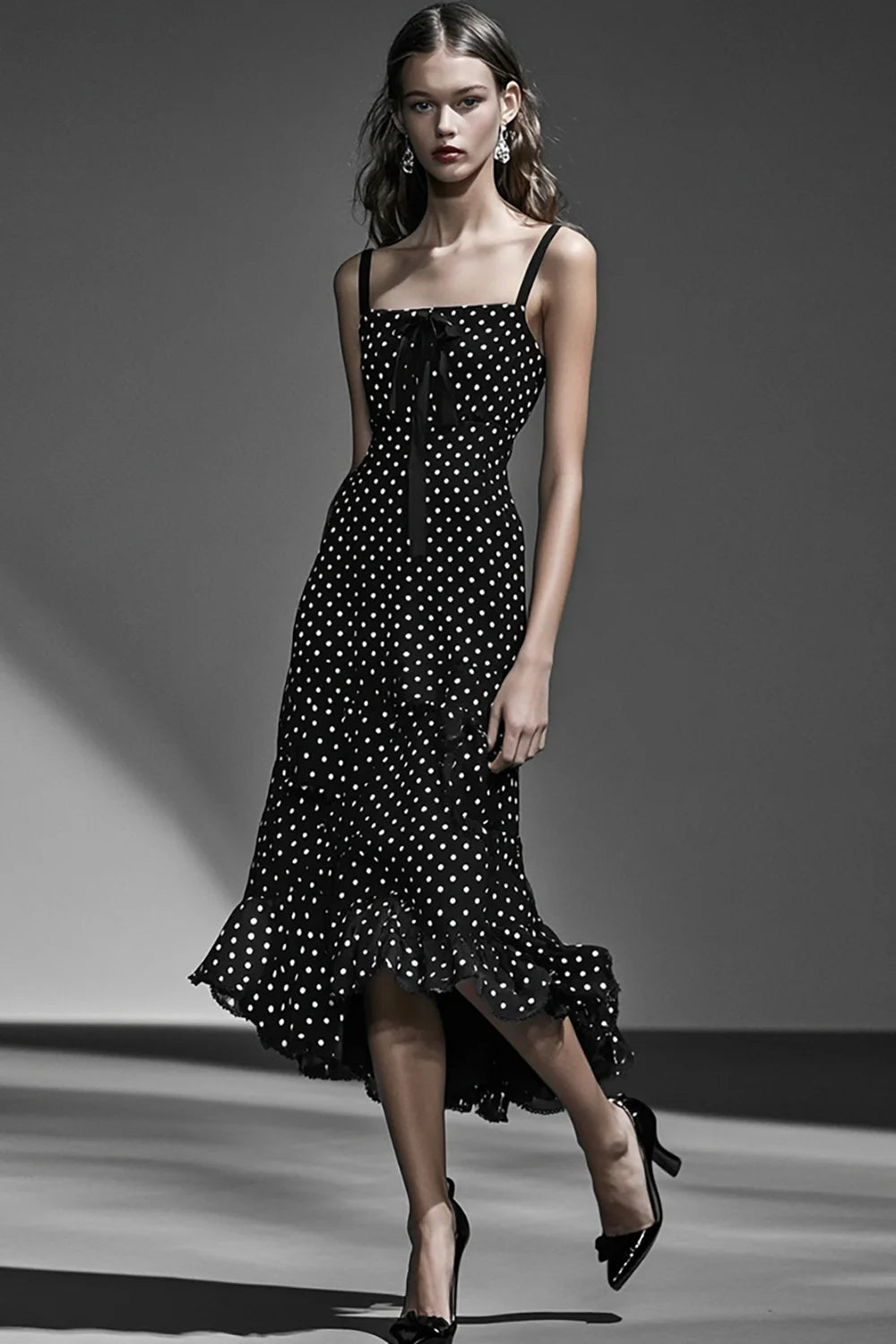 Boho A Line Black and White Maxi Chiffon Polka Dot Dress with Ruffles