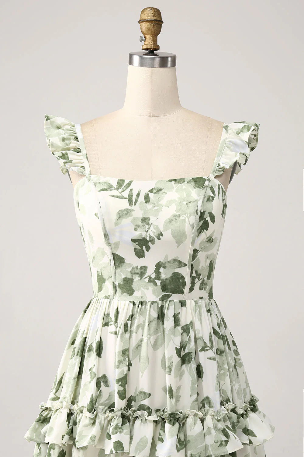 Green Floral Ruffles Tiered Prom Dress with Slit