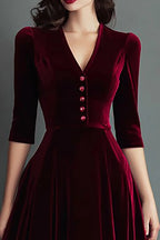 Burgundy V-Neck A Line Midi Velvet Holiday Party Dress