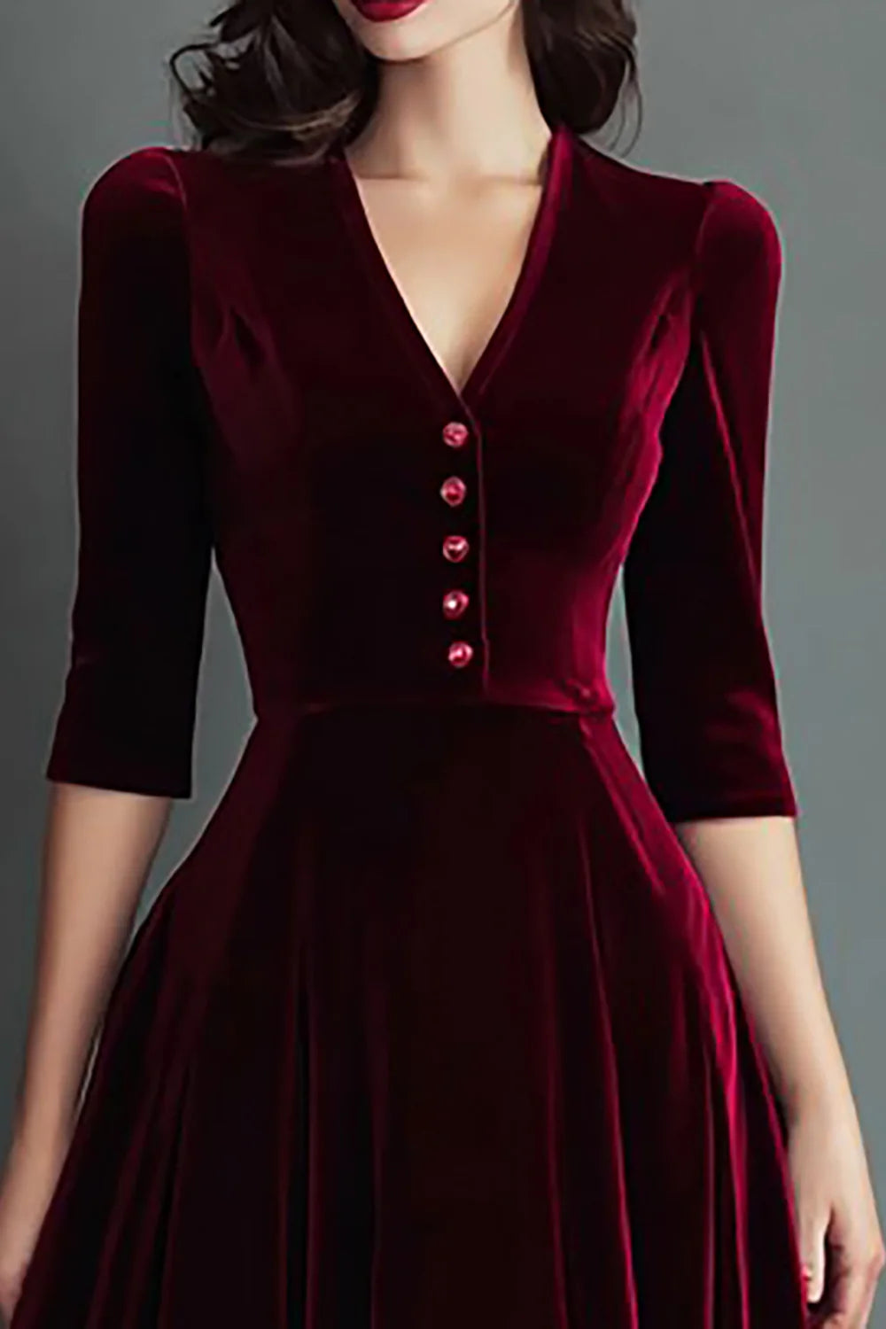 Burgundy V-Neck A Line Midi Velvet Holiday Party Dress
