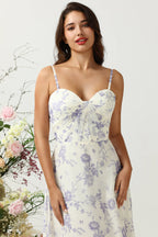 Spaghetti Straps Blue Floral Long Bridesmaid Dress