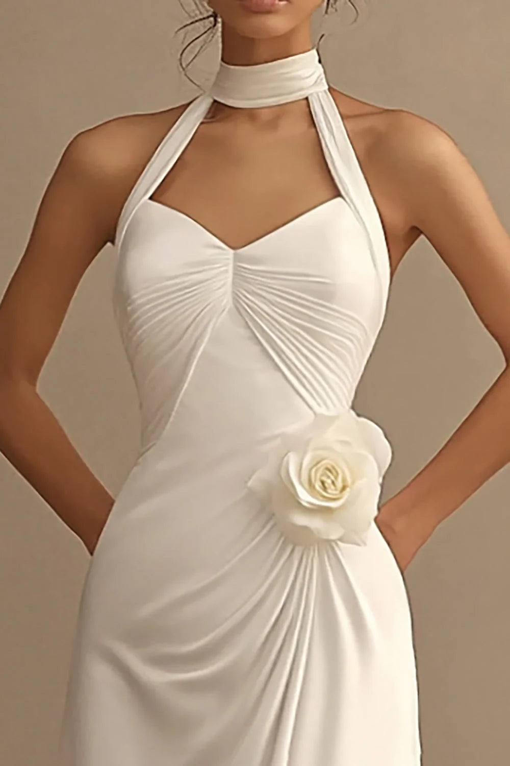 White A Line Chiffon Long Rehearsal Dinner Dress with 3D Flower
