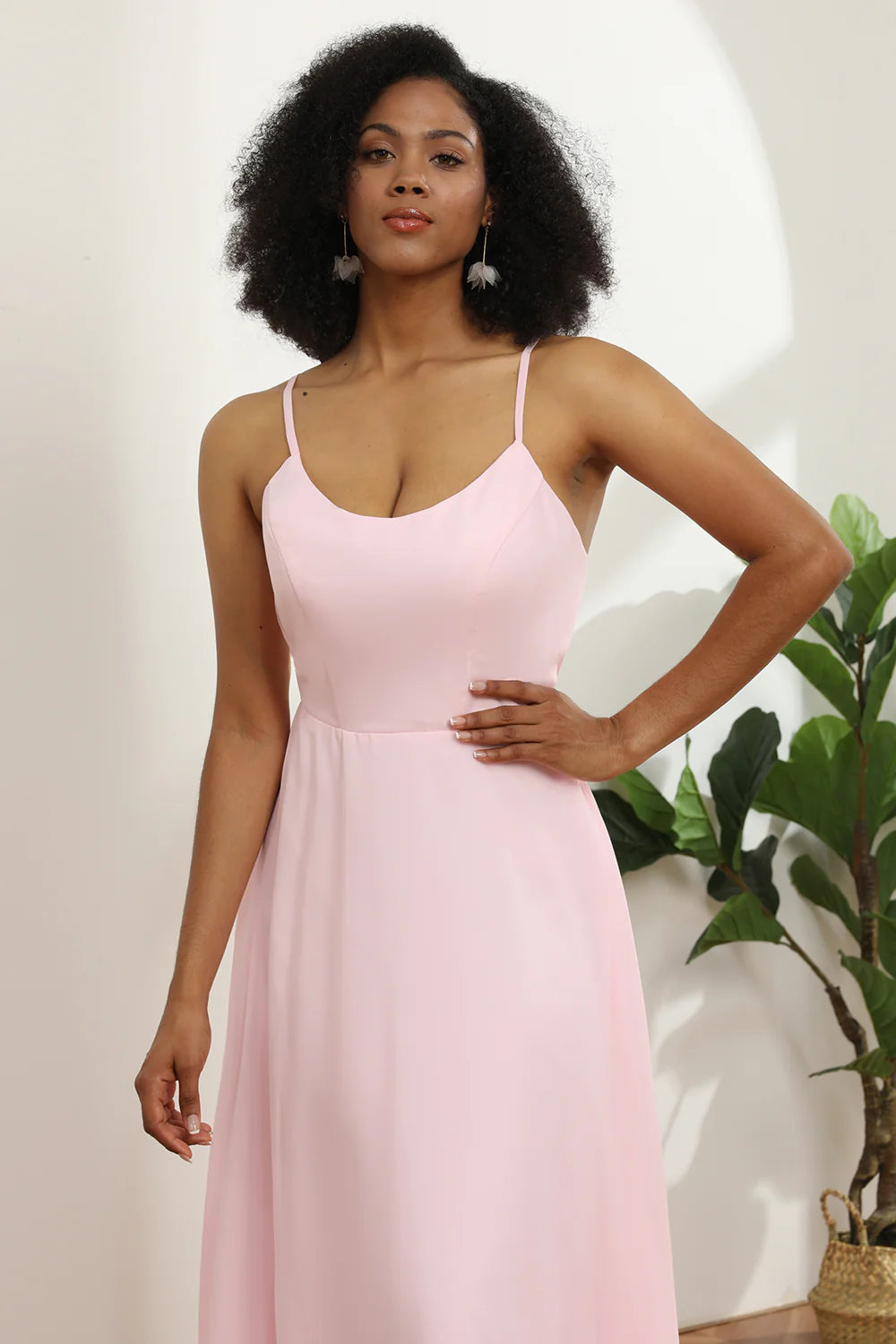 Spaghetti Straps Pink Chiffon Bridesmaid Dress with Pocket