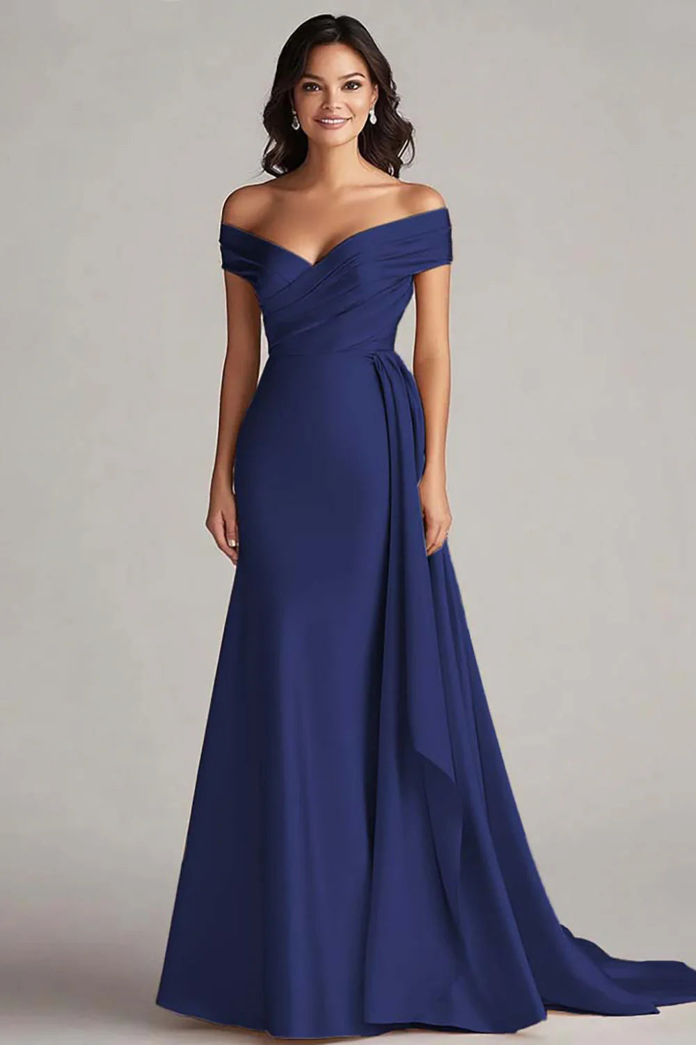 Champagne Satin Off the Shoulder Mermaid Long Formal Dress