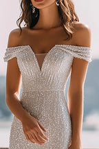 Sparkly Ivory Mermaid Sequin Maxi Rehearsal Dinner Dress