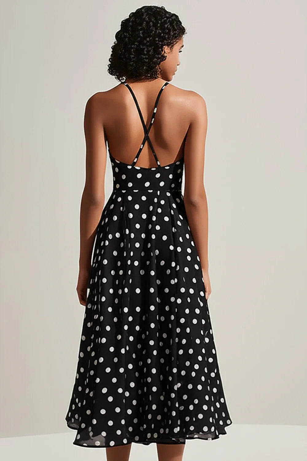A Line Black and White Boho Chiffon Spaghetti Straps Midi Polka Dot Dress