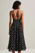 A Line Black and White Boho Chiffon Spaghetti Straps Midi Polka Dot Dress