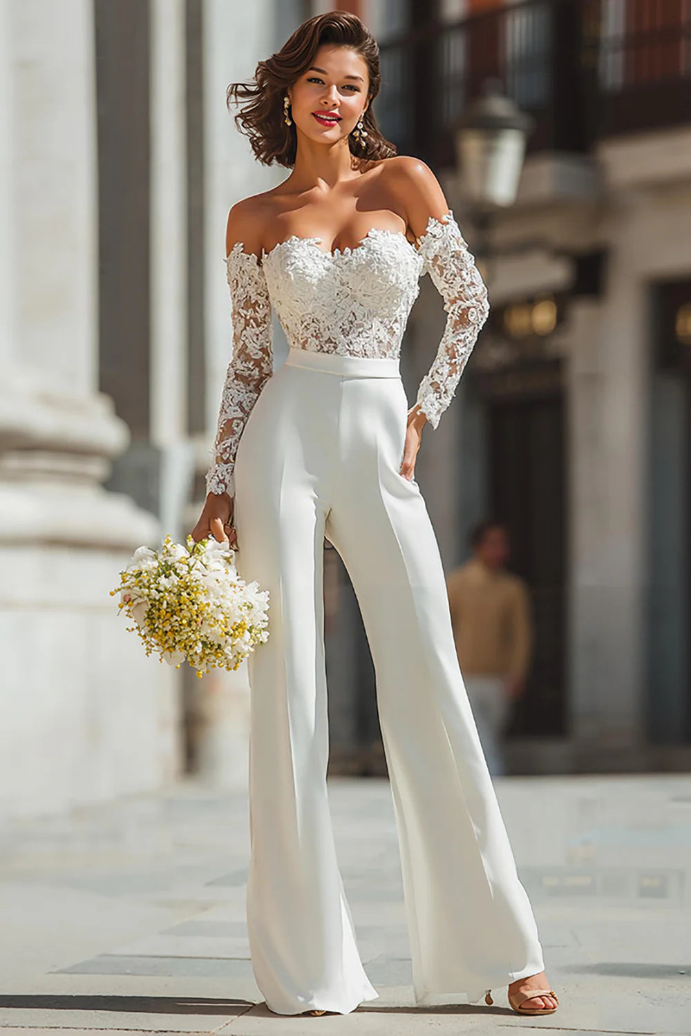 White Appliqued Sweetheart Bridal Jumpsuits with Sleeves