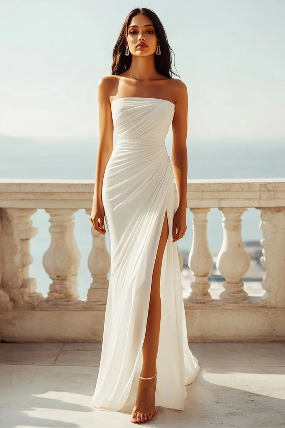 Strapless Ivory Chiffon Mermaid Ruched Maxi Engagement Dress