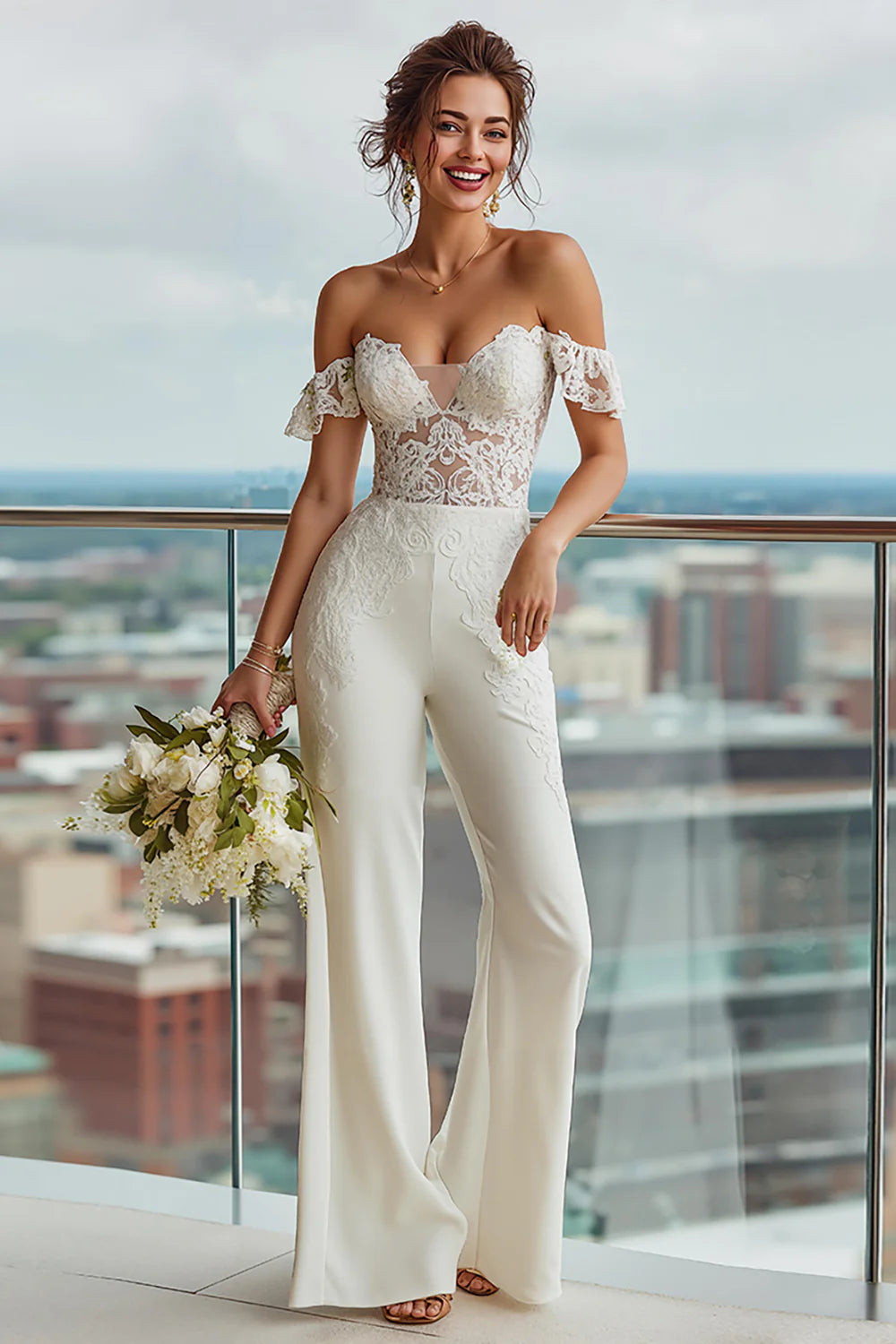 Ivory Off the Shoulder Backless Bridal Jumpsuits with Lace