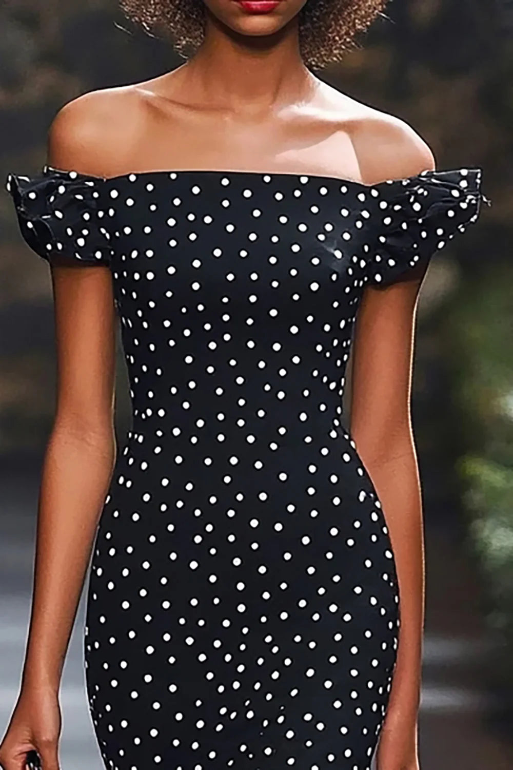 Mermaid Black and White Satin Off the Shoulder Boho Maxi Polka Dot Dress
