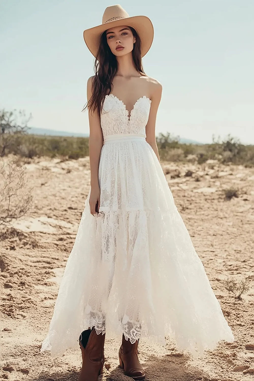 Ivory Lace Sweetheart A Line Maxi Boho Western Wedding Dress