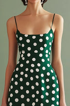 Green and White Chiffon Spaghetti Straps A Line Boho Midi Polka Dot Dress