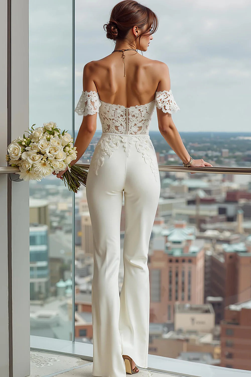 Simple White Sweetheart Bridal Jumpsuits with Lace