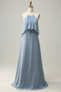 A Line Halter Neck Blue Long Bridesmaid Dress
