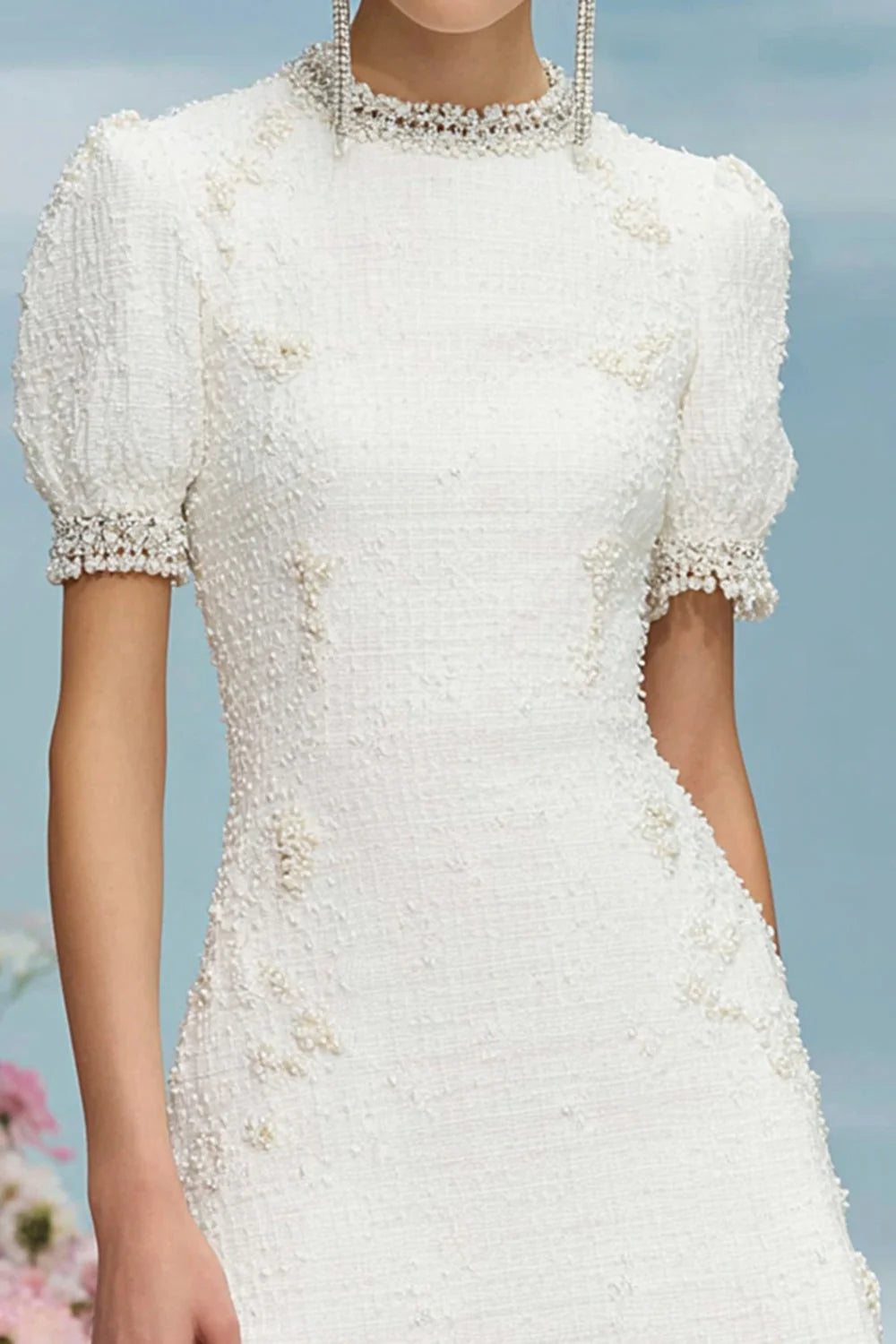 White Round Neck Short Tweed Homecoming Dress with Sleeve