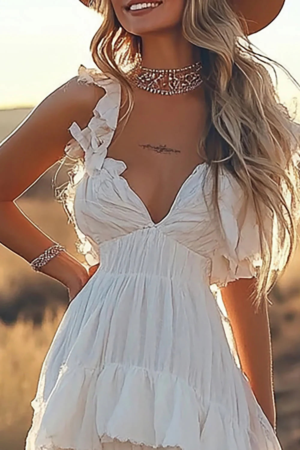 Ivory A Line Ruffled V-Neck High-Low Tiered Western Wedding Dress