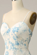 Spaghetti Straps Blue Floral Long Bridesmaid Dress