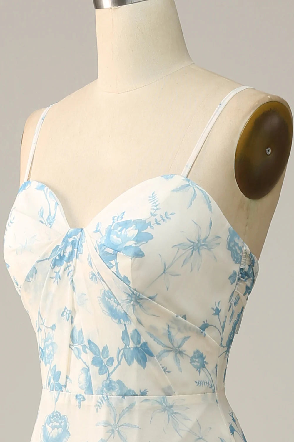 Spaghetti Straps Blue Floral Long Bridesmaid Dress