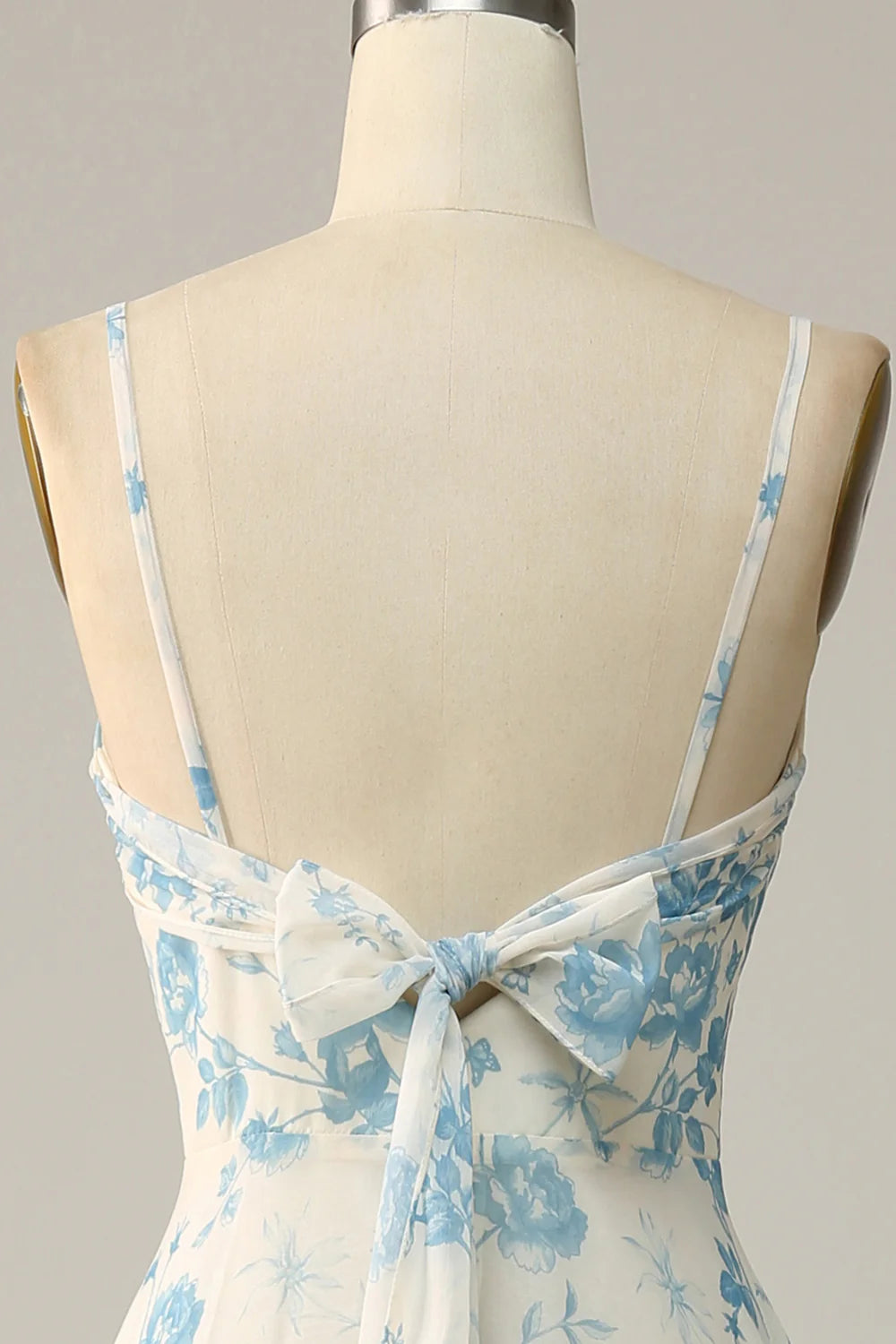 Spaghetti Straps Blue Floral Long Bridesmaid Dress