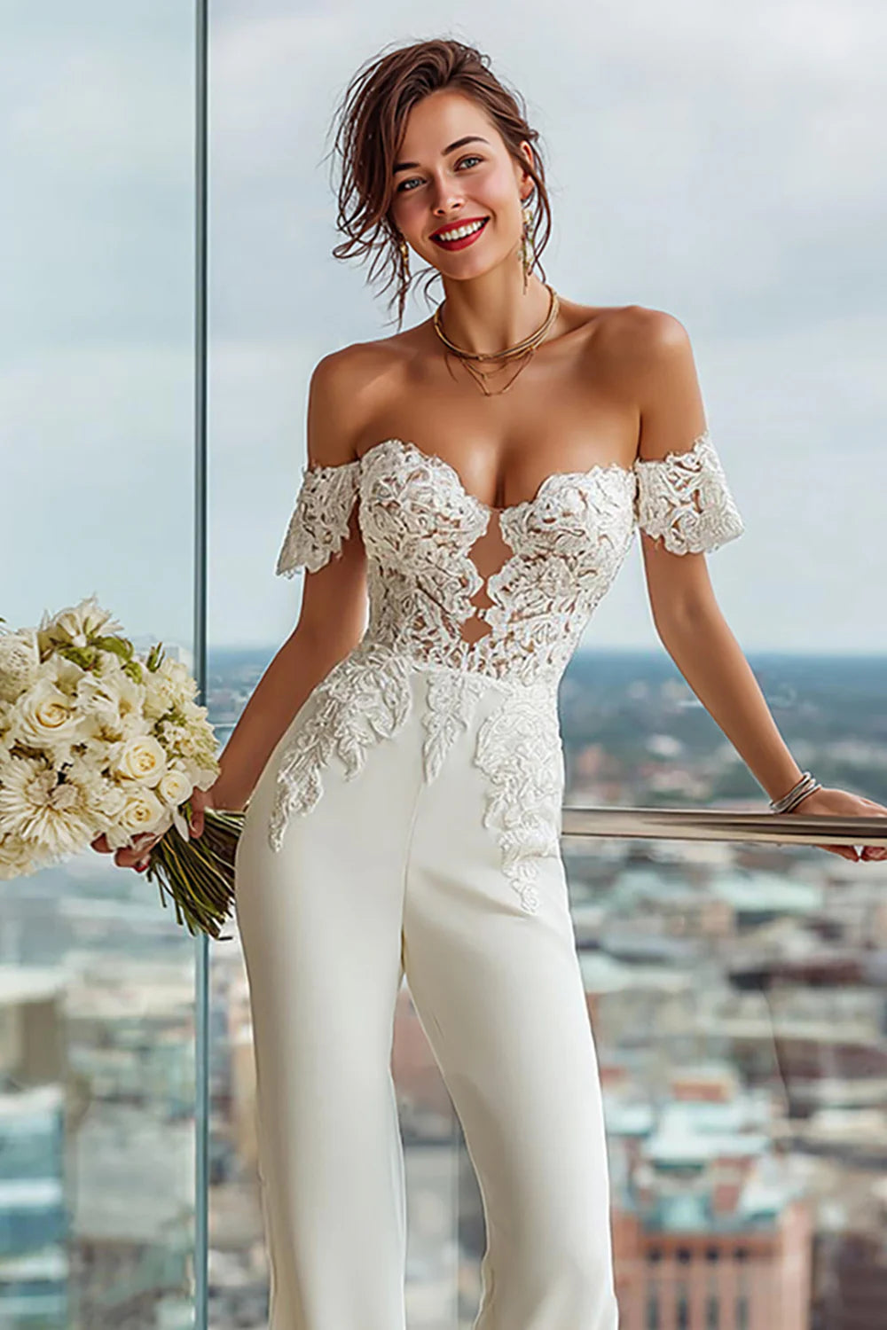 Simple White Sweetheart Bridal Jumpsuits with Lace