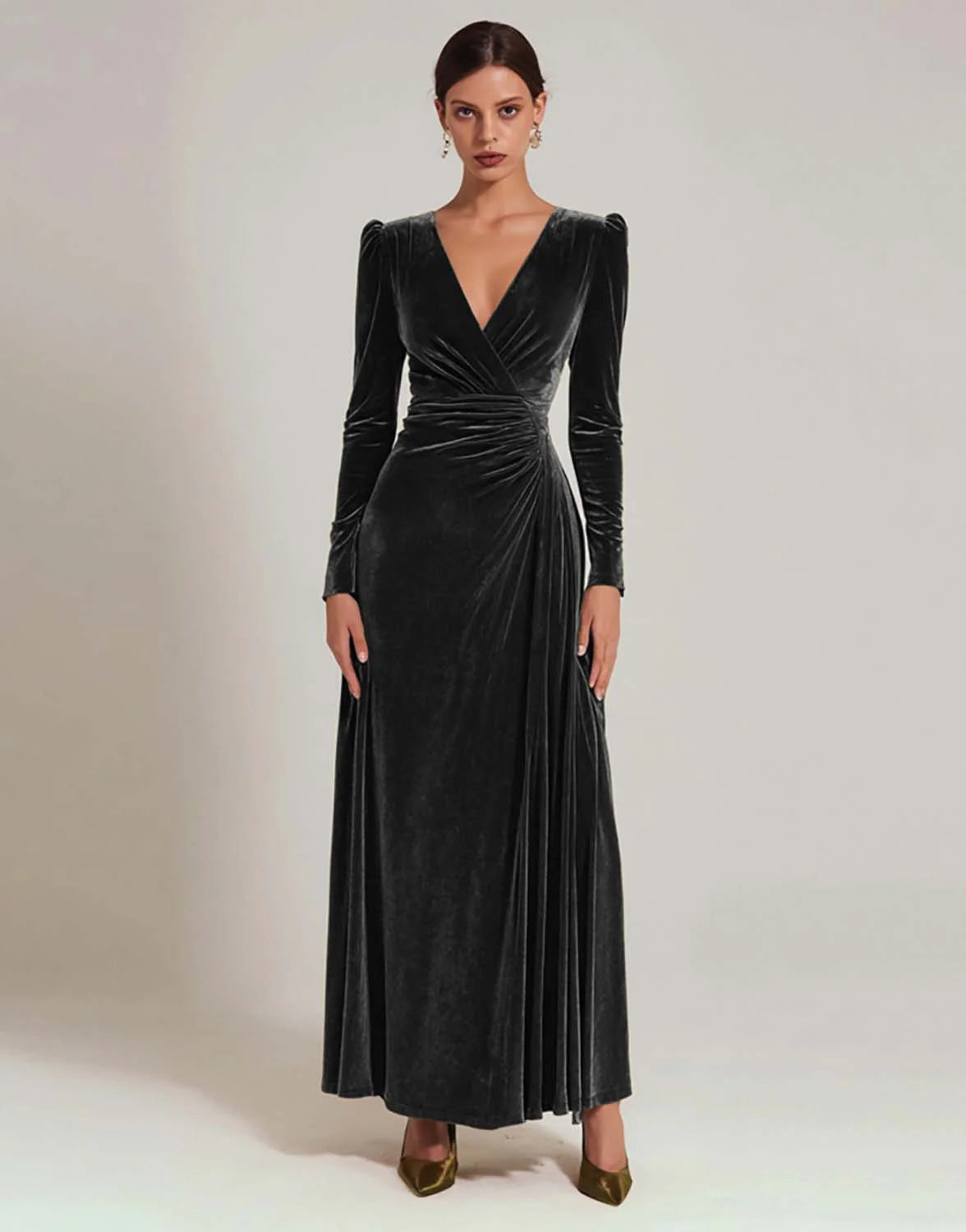 Olive Velvet A Line V-Neck Long Holiday Party Dress with Sleeves